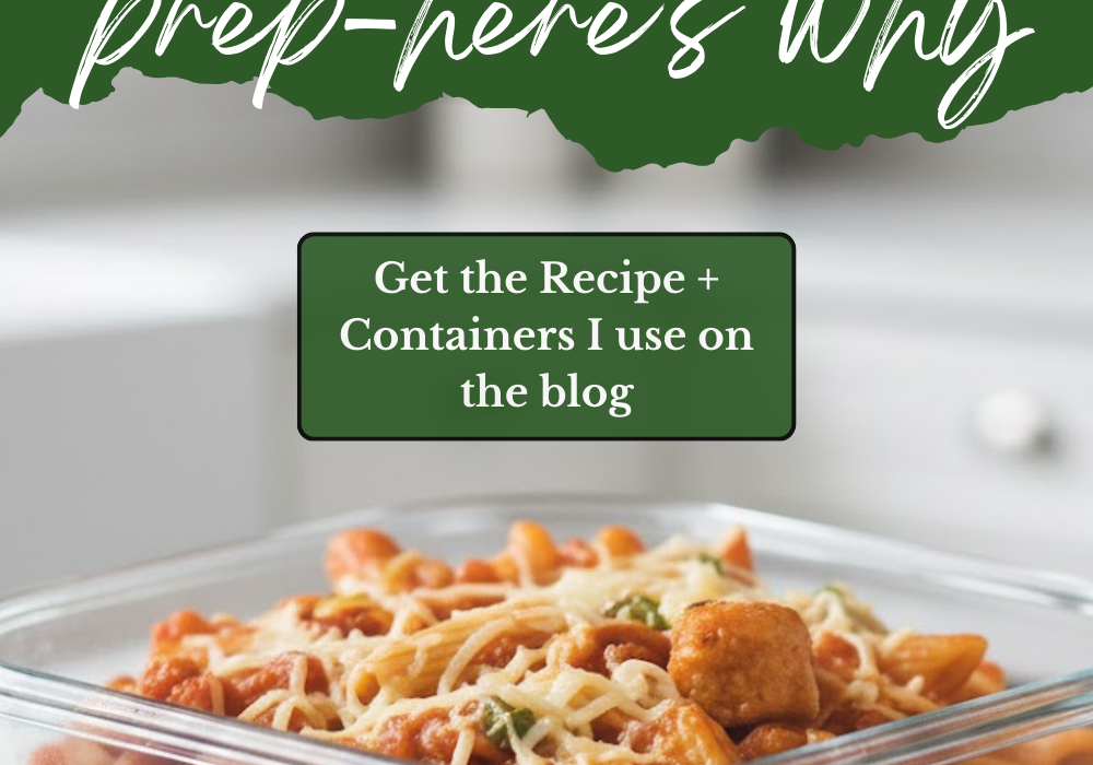 High protein chicken parmesan meal prep bowl with pasta and marinara in a glass container