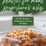 High protein chicken parmesan meal prep bowl with pasta and marinara in a glass container