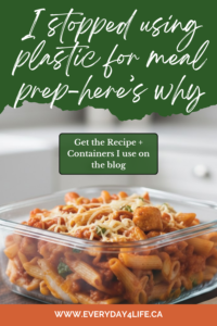 High protein chicken parmesan meal prep bowl with pasta and marinara in a glass container