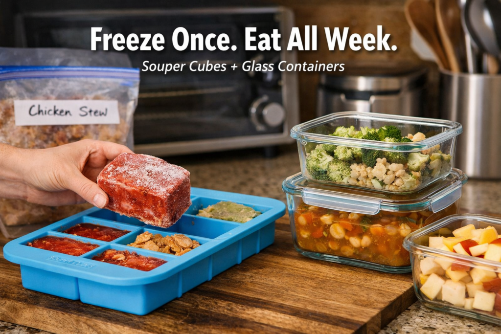 Souper Cubes frozen meal portions next to glass storage containers for freezer-friendly meal prep